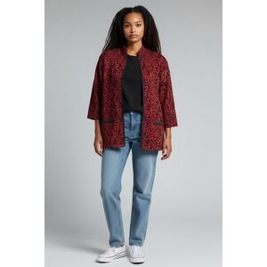 Blast Red Black Animal Print Zip Up Jacket Mock Neck 3/4 Sleeve Knit Top-XL